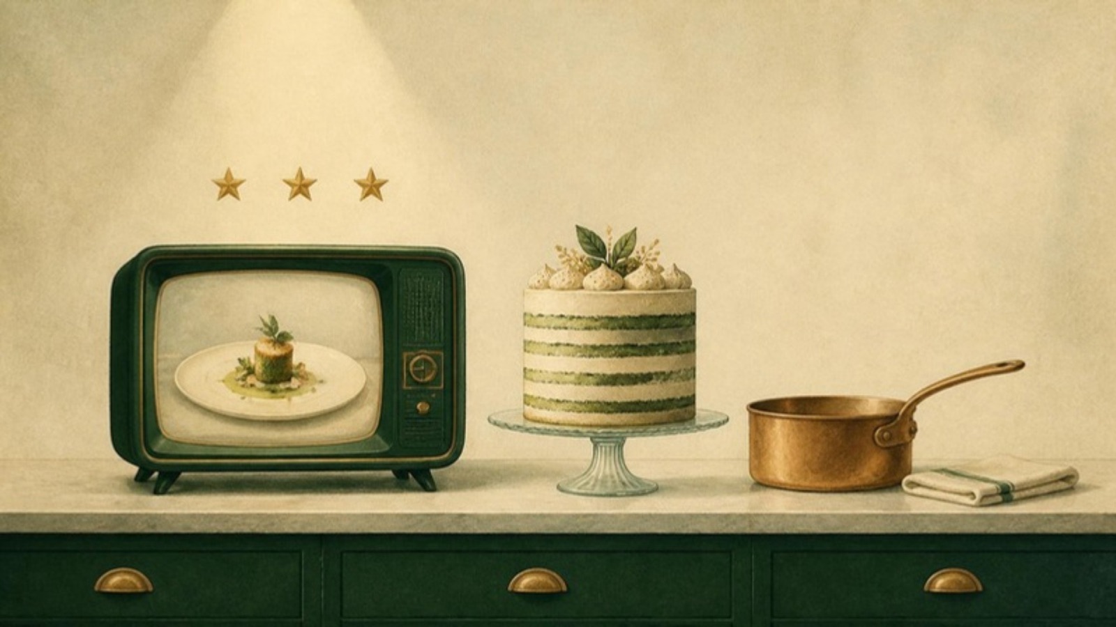 Illustration of a retro television showing a plated tasting-menu course under three gold stars, beside a layered cake on a glass stand and a copper pan on a kitchen counter.