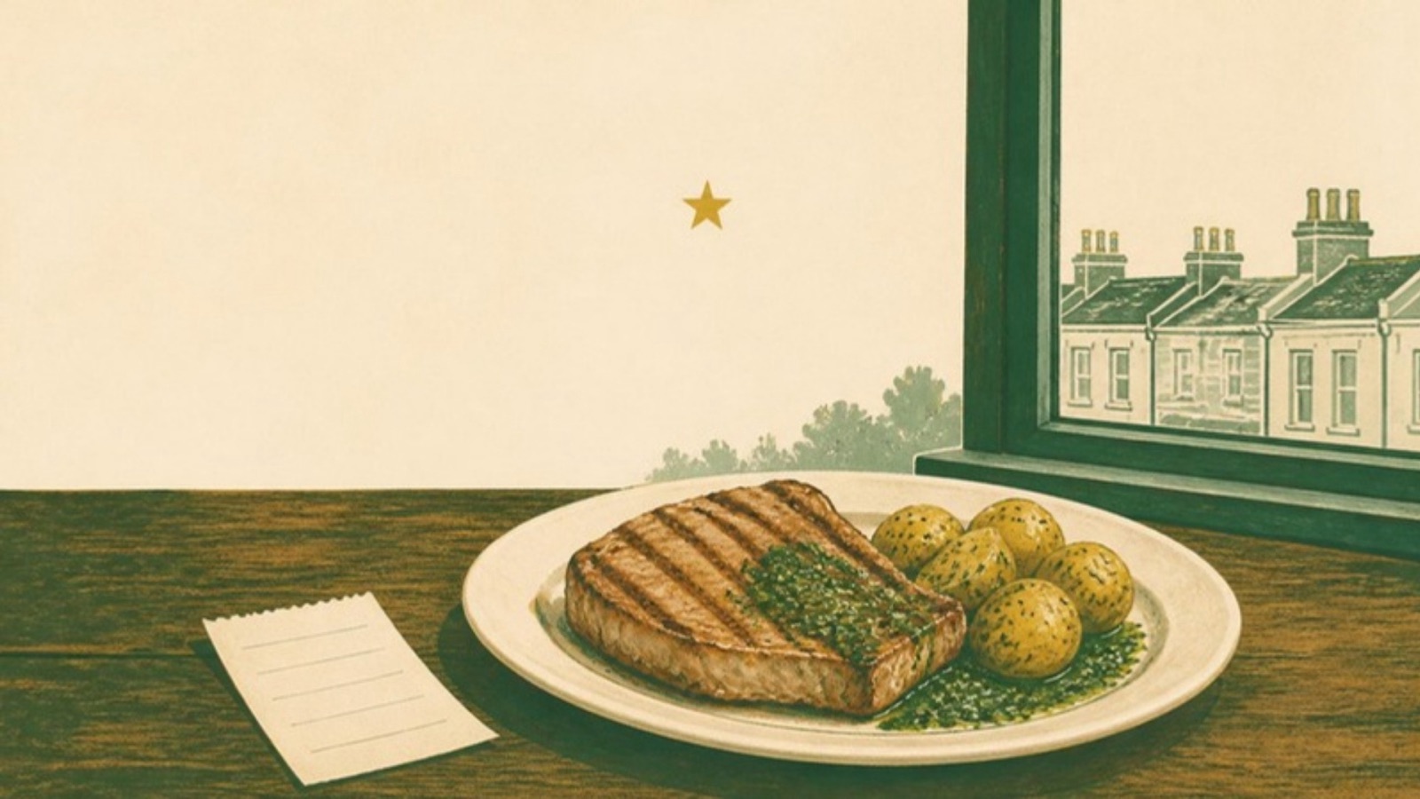 Illustration of a plated pork lunch on a pub table by a window with London rooftops, a short paper receipt beside it and one gold star above.
