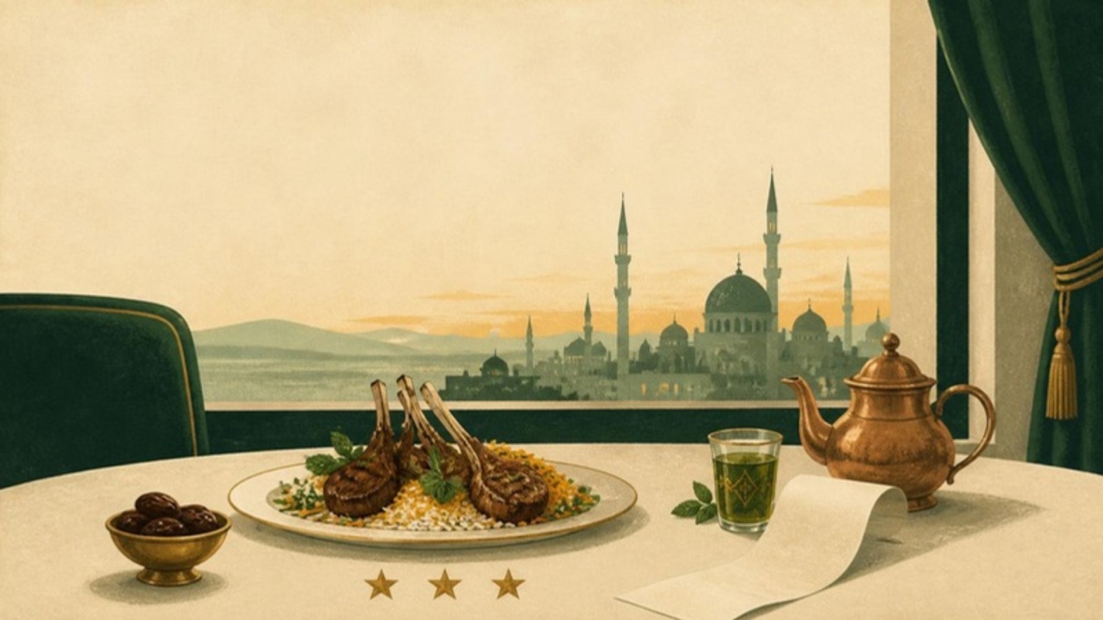 Illustration of grilled lamb chops with saffron rice, a bowl of dates and a pot of mint tea on a table by a window looking out over a skyline of domes at dusk, with three gold stars.