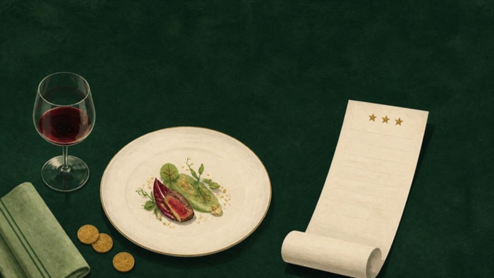 Illustration of a cream till receipt curling beside a plated tasting course and a glass of red wine, with three gold stars at the top of the receipt.