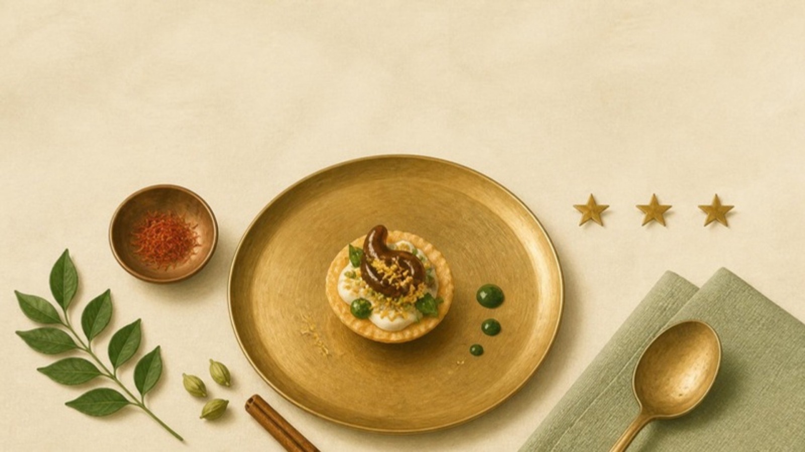 Illustration of a modern Indian canapé on a brass plate, with saffron, curry leaves, cardamom and three gold stars on a cream tablecloth.