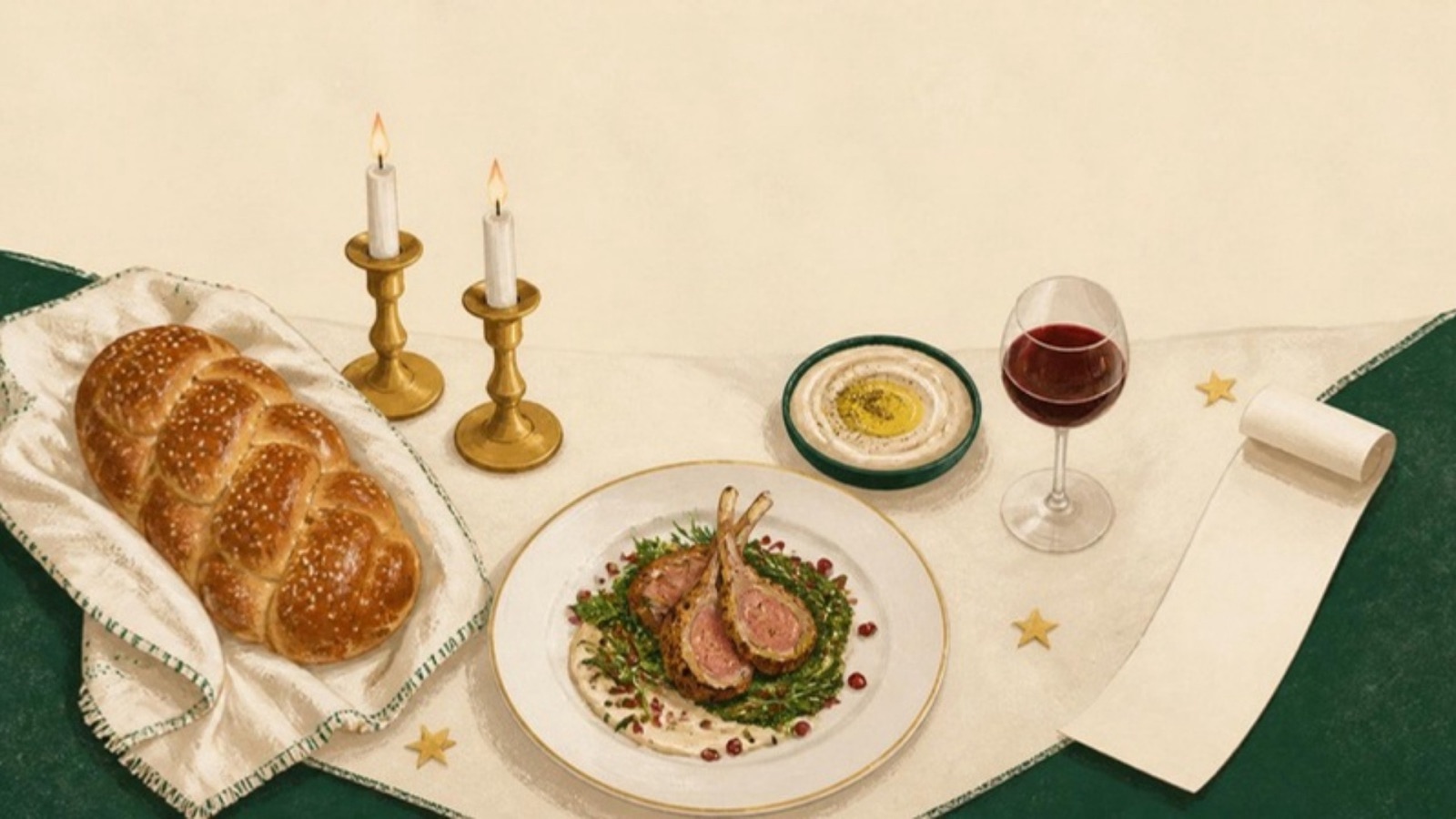 Illustration of a fine-dining table with a braided challah, two lit brass candlesticks, roast lamb with pomegranate seeds, tahini and a glass of red wine, beside a paper bill and three gold stars.