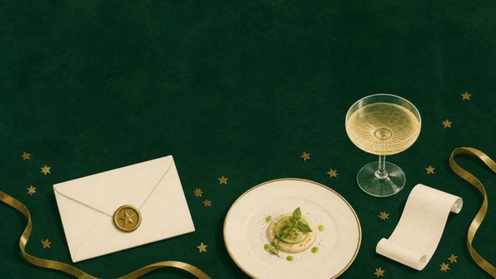 Illustration of a green tablecloth set for an awards evening: a cream envelope with a gold star seal, a glass of champagne, a small plated course, a curled paper bill and scattered gold stars.