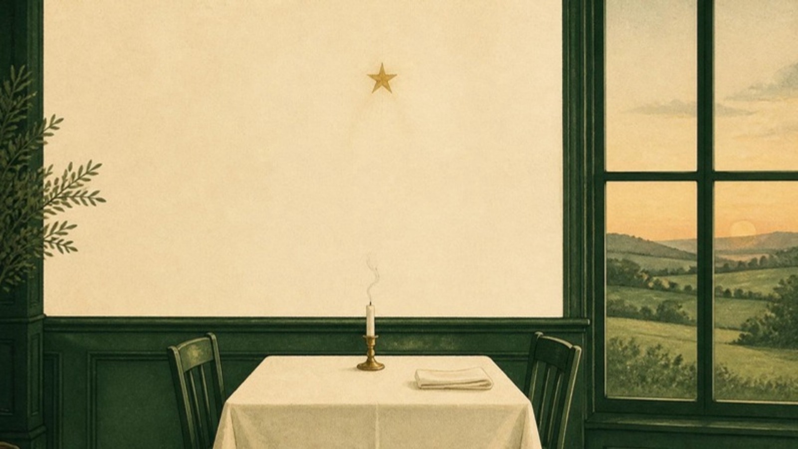 Illustration of an empty dining table by a window at dusk, chairs pushed in and a just-snuffed candle on the cloth, with one gold star above.