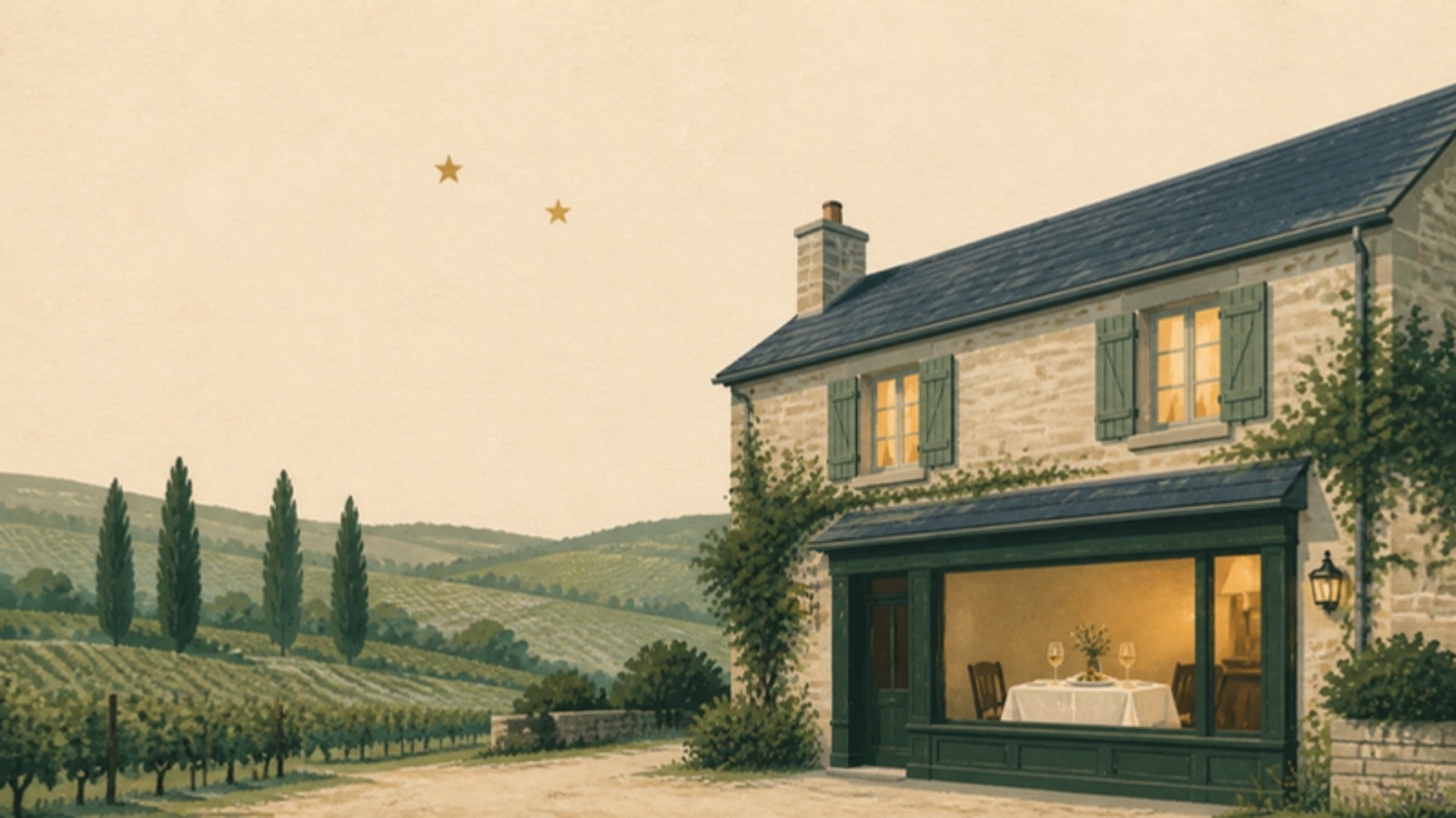 Illustration of a French stone auberge at dusk among vineyards, lit bedroom windows upstairs, a table for two in the dining room window and two gold stars in the sky.