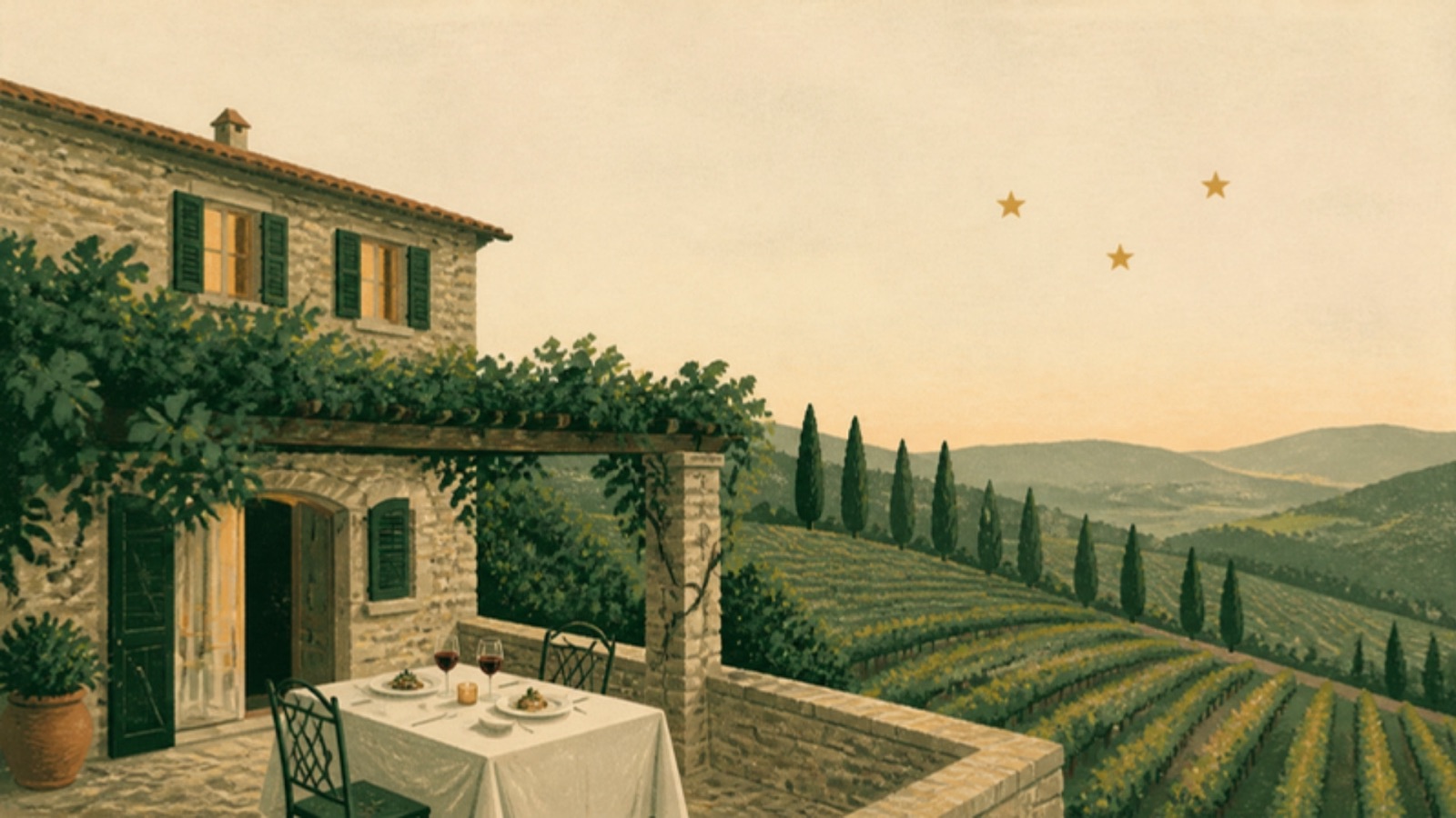 Illustration of a Tuscan stone farmhouse among vines and cypresses at dusk, lit bedroom windows, a table for two on the terrace and three gold stars in the sky.