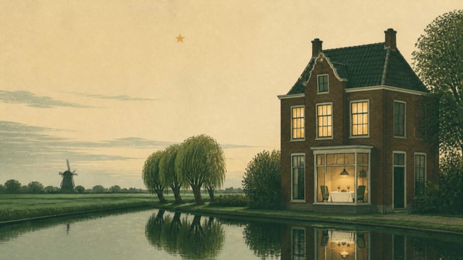 Illustration of a Dutch brick country house by a canal at dusk, lit bedroom windows reflected in the water, a table for two in the dining room window and one gold star in the sky.