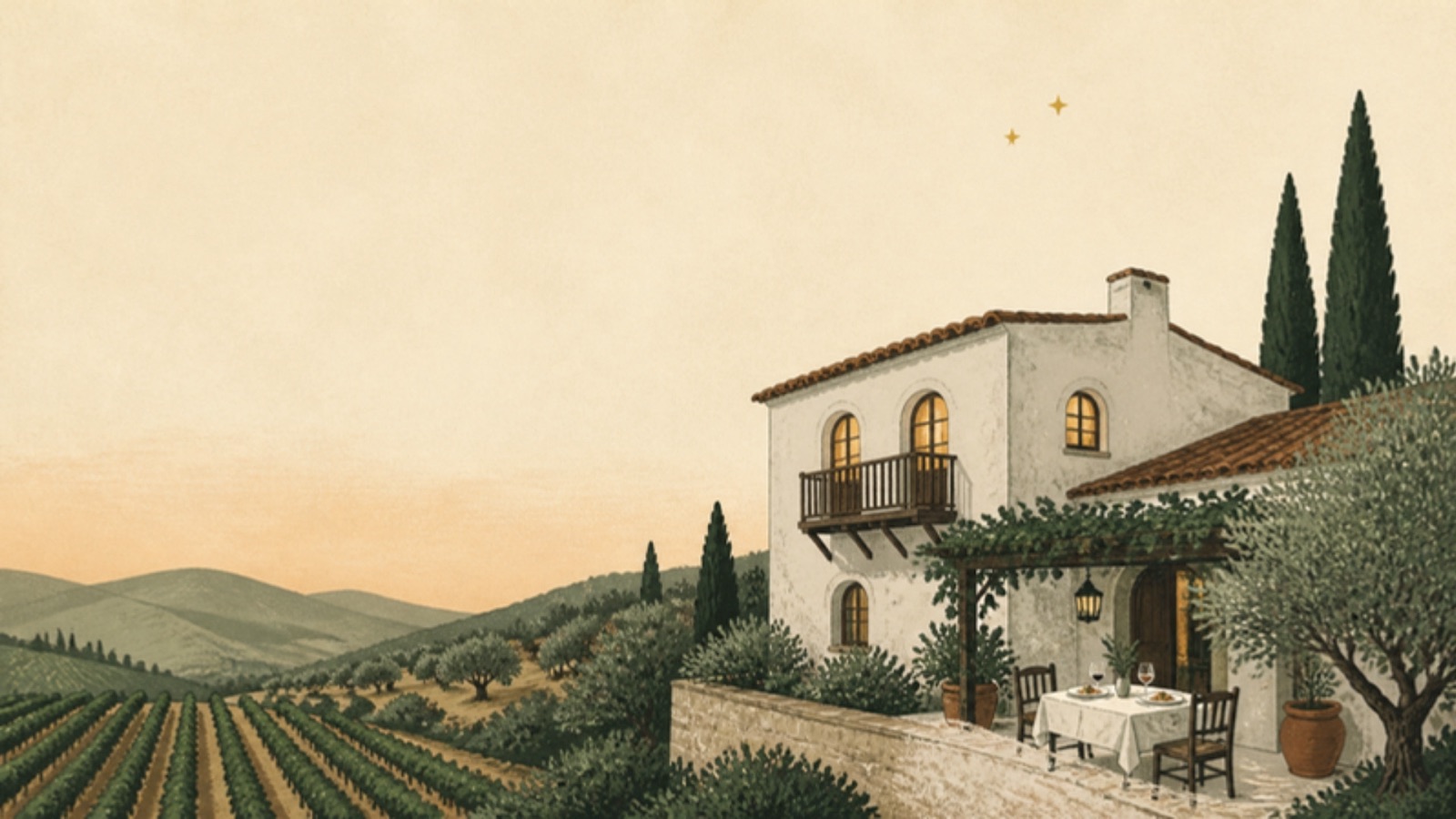 Illustration of a whitewashed Spanish country house among vineyards and olive trees at dusk, lit bedroom windows, a table for two on the terrace and two gold stars in the sky.