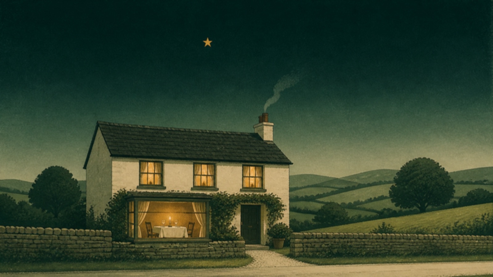 Illustration of a country inn at dusk with lit bedroom windows above a dining room, a table set for two inside and one gold star in the sky.