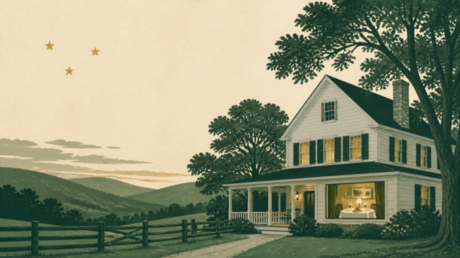 Illustration of a white clapboard American country inn with a porch among rolling hills at dusk, lit bedroom windows, a table for two in the dining room window and three gold stars in the sky.