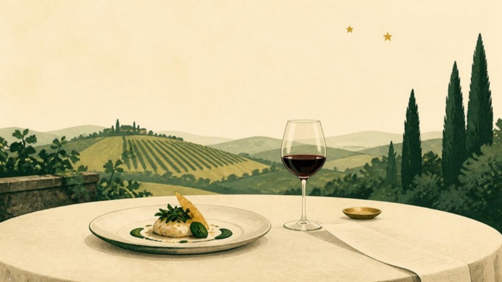 Illustration of a Tuscan terrace table with a plated course and a glass of red wine, vineyards and cypress trees on the hills beyond and two gold stars in the sky.