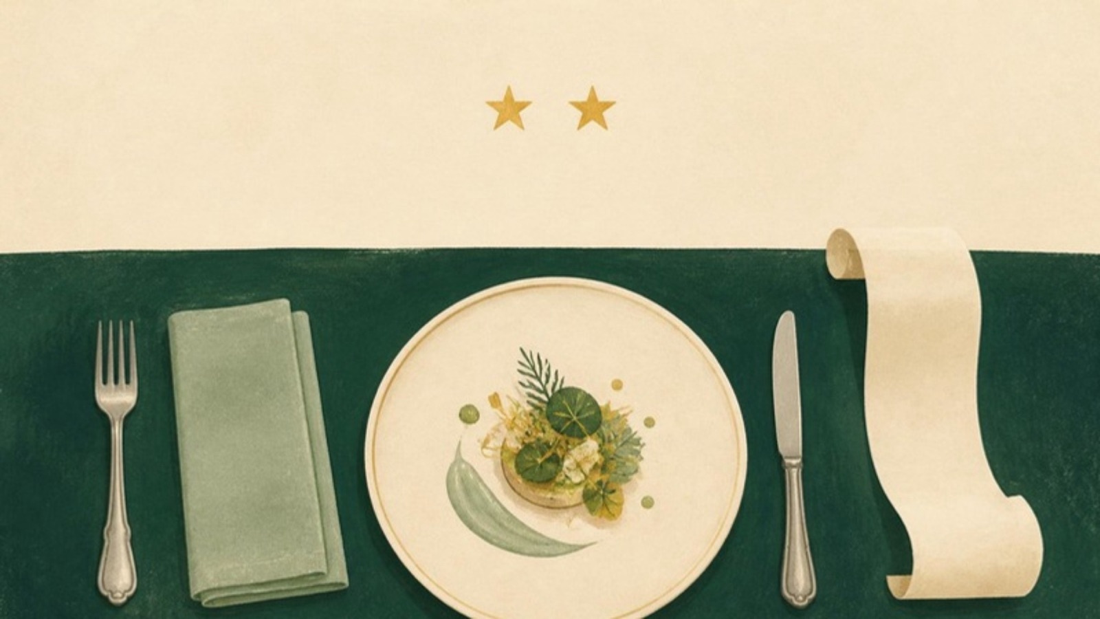 Illustration of a tasting-menu course on a cream plate on a forest-green table, with silver cutlery, a sage napkin, a long curling paper receipt and two gold stars above.