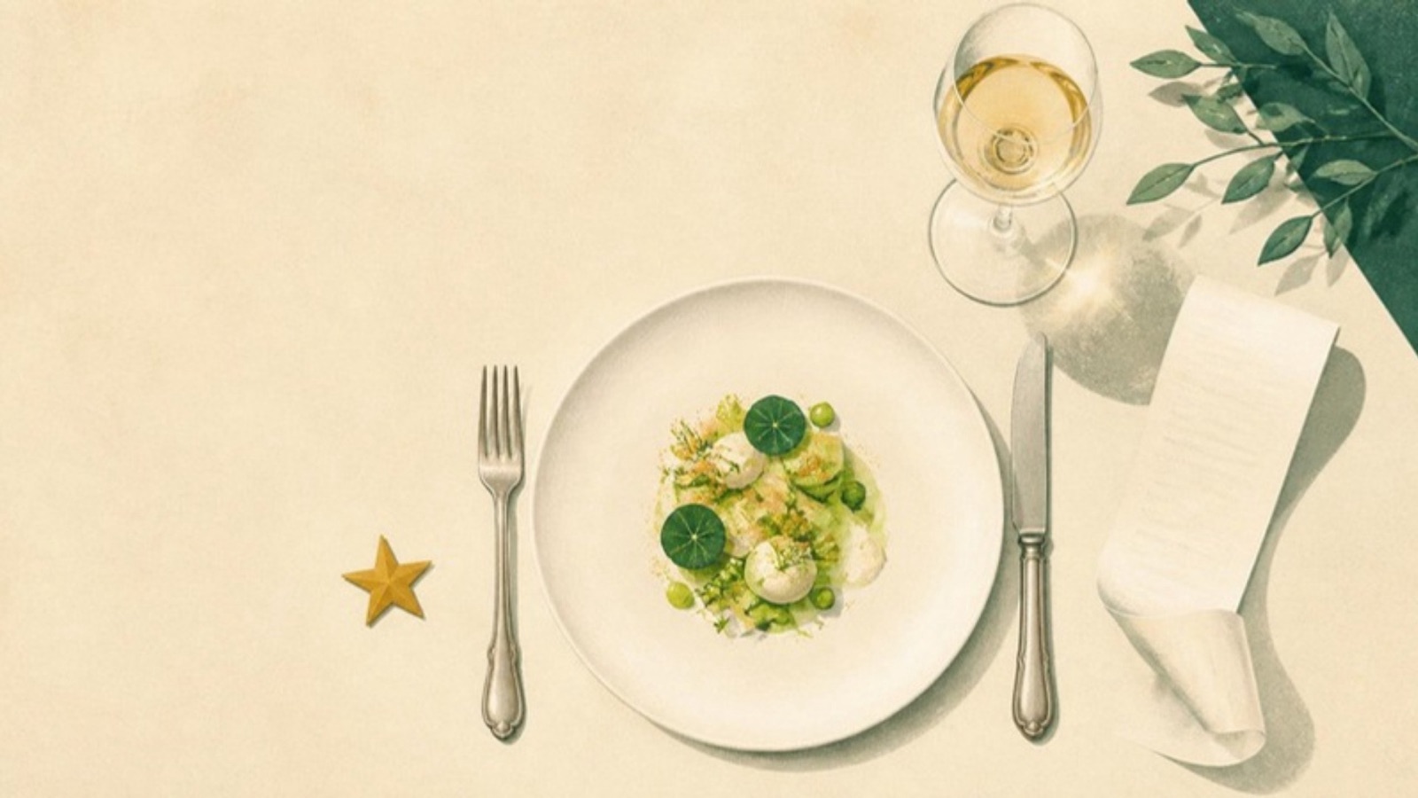Illustrazione di una tavola vista dall’alto: una portata di un menù degustazione, un calice di vino bianco, le posate e una stella dorata accanto al piatto.
