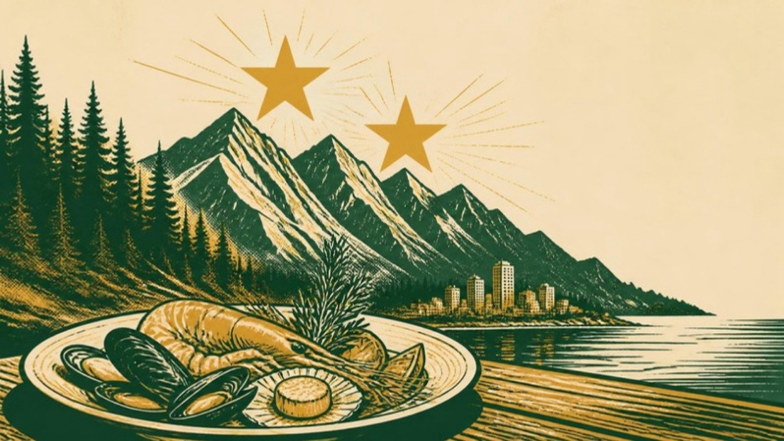Linocut-style print of coastal mountains and evergreen forest above an inlet, a plate of seafood in front and two gold stars between the peaks.