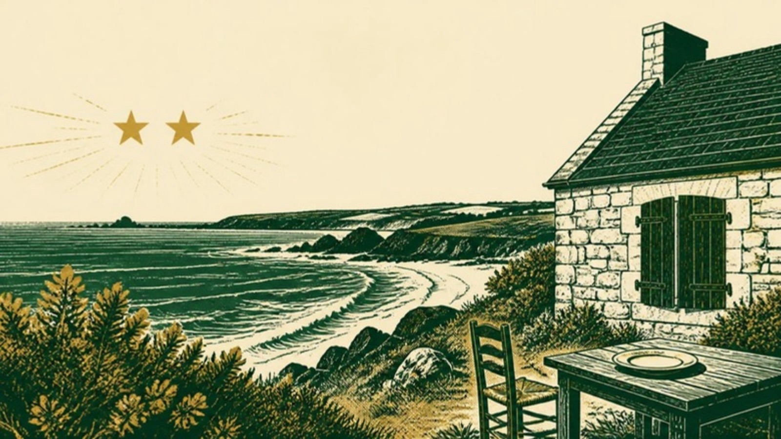 Linocut-style print of a stone cottage with closed shutters above a wide Breton bay, an empty chair at a table outside and two gold stars over the sea.