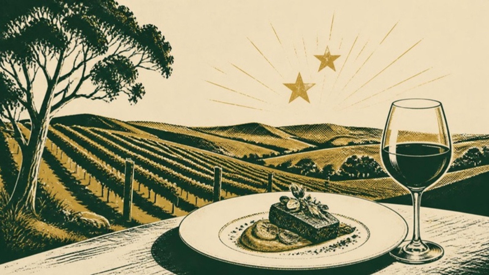 Linocut-style print of vineyard hills and a gum tree under two gold stars, with a plated course and a glass of red wine in front.