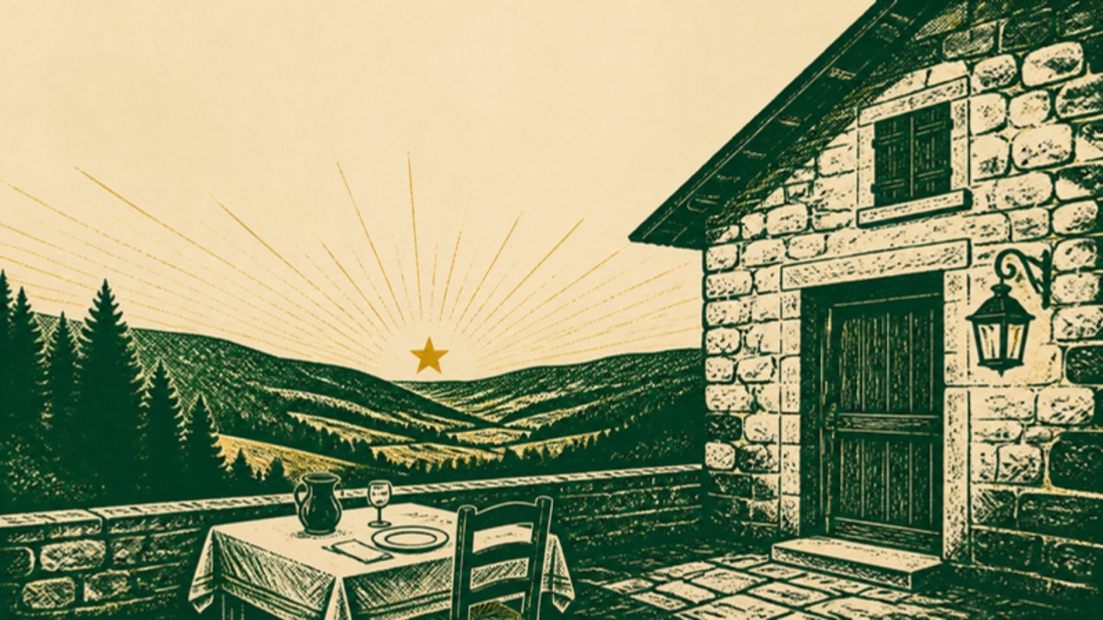Linocut-style print of a village inn with its door shut and a lantern unlit, wooded Jura hills behind and a single gold star over the valley.