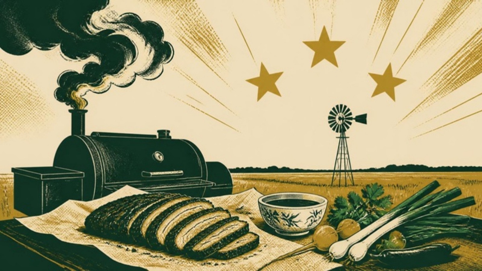 Linocut-style print of a barbecue smoker, sliced brisket on butcher paper, a small ceramic bowl and spring onions under a prairie sky with a windmill and three gold stars.