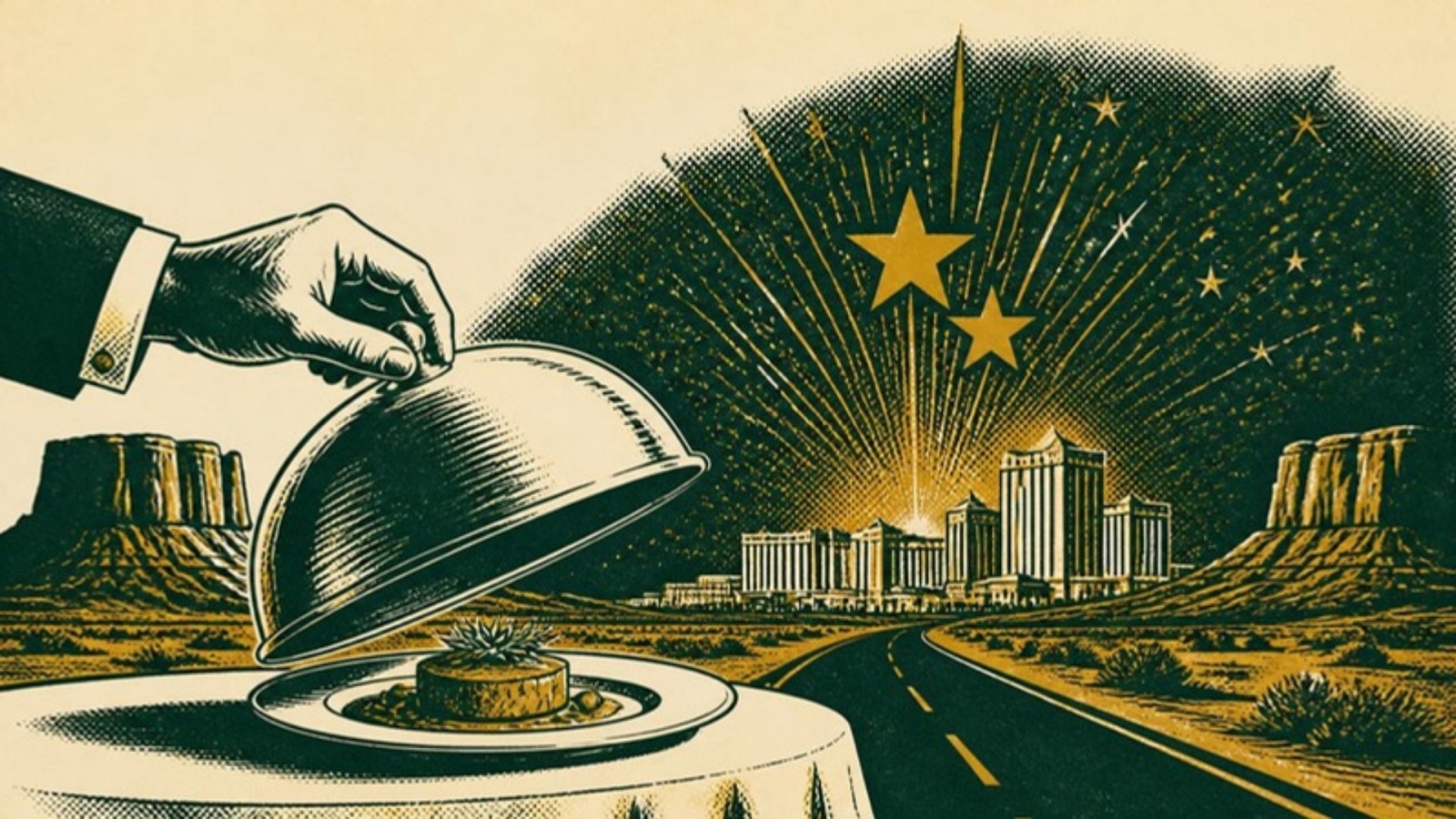 Linocut-style print of a desert road leading to a strip of tall hotel towers between red-rock mesas, a hand lifting a cloche off a plate and gold stars bursting above.