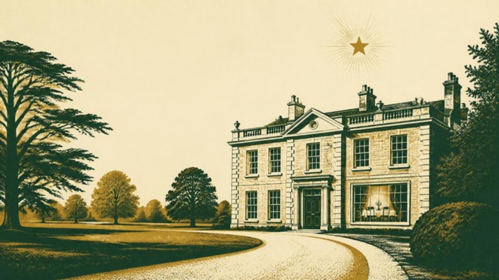 Linocut-style print of a Georgian country house in Norfolk parkland with a curving gravel drive, its front door shut, and one gold star above the roof.