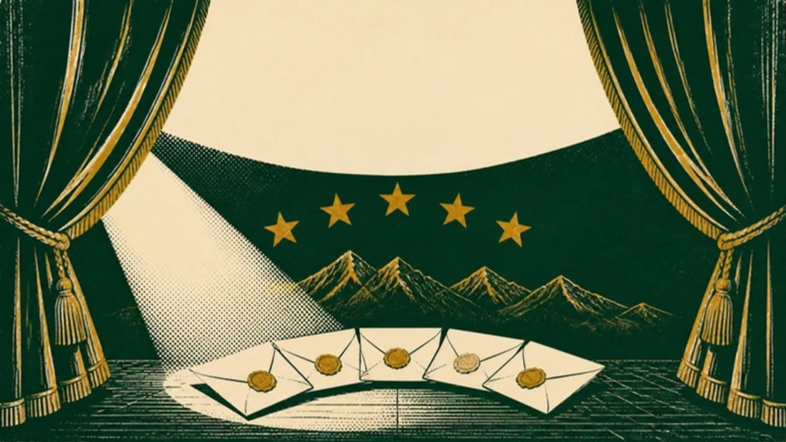 Linocut-style print of a theatre stage with its curtains open and a spotlight on five sealed envelopes, under five gold stars and painted mountains.