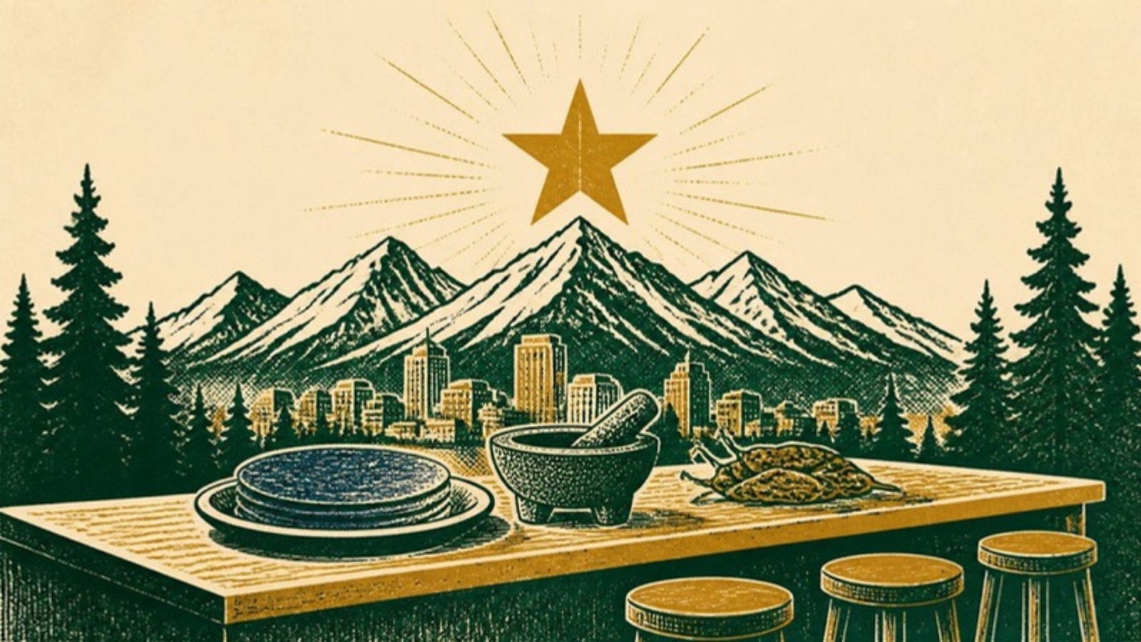 Linocut-style print of snowy Rocky Mountain peaks and pines behind a city, a chef’s counter with tortillas and a molcajete in front and one gold star above.