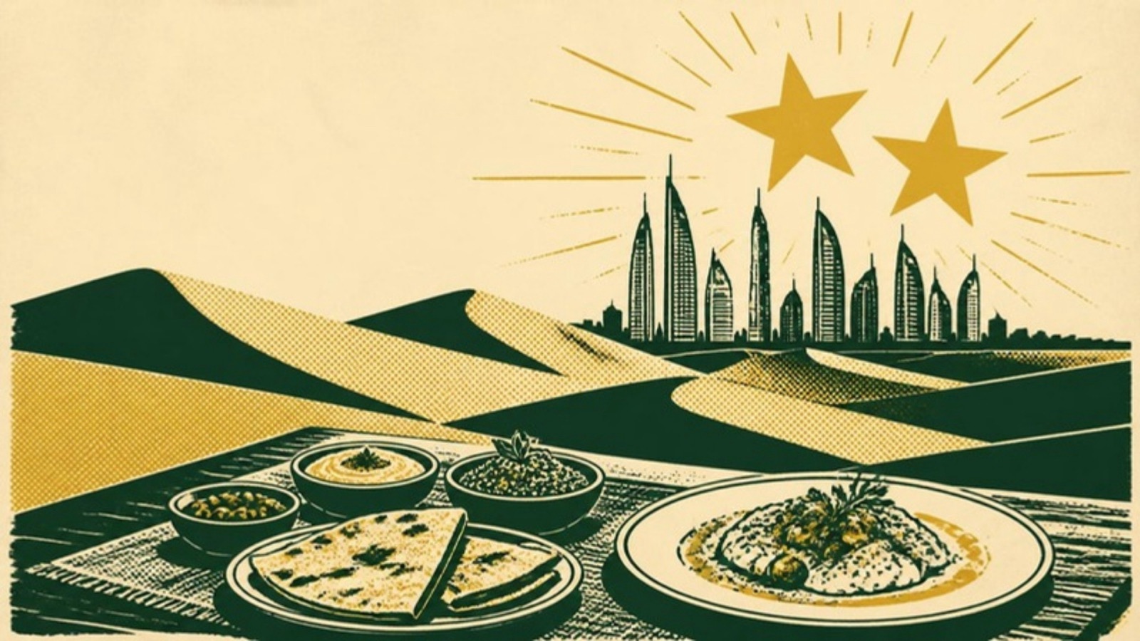 Linocut-style print of desert dunes and a skyline of slender towers, with mezze bowls, flatbread and a fine-dining plate in front and two gold stars above.