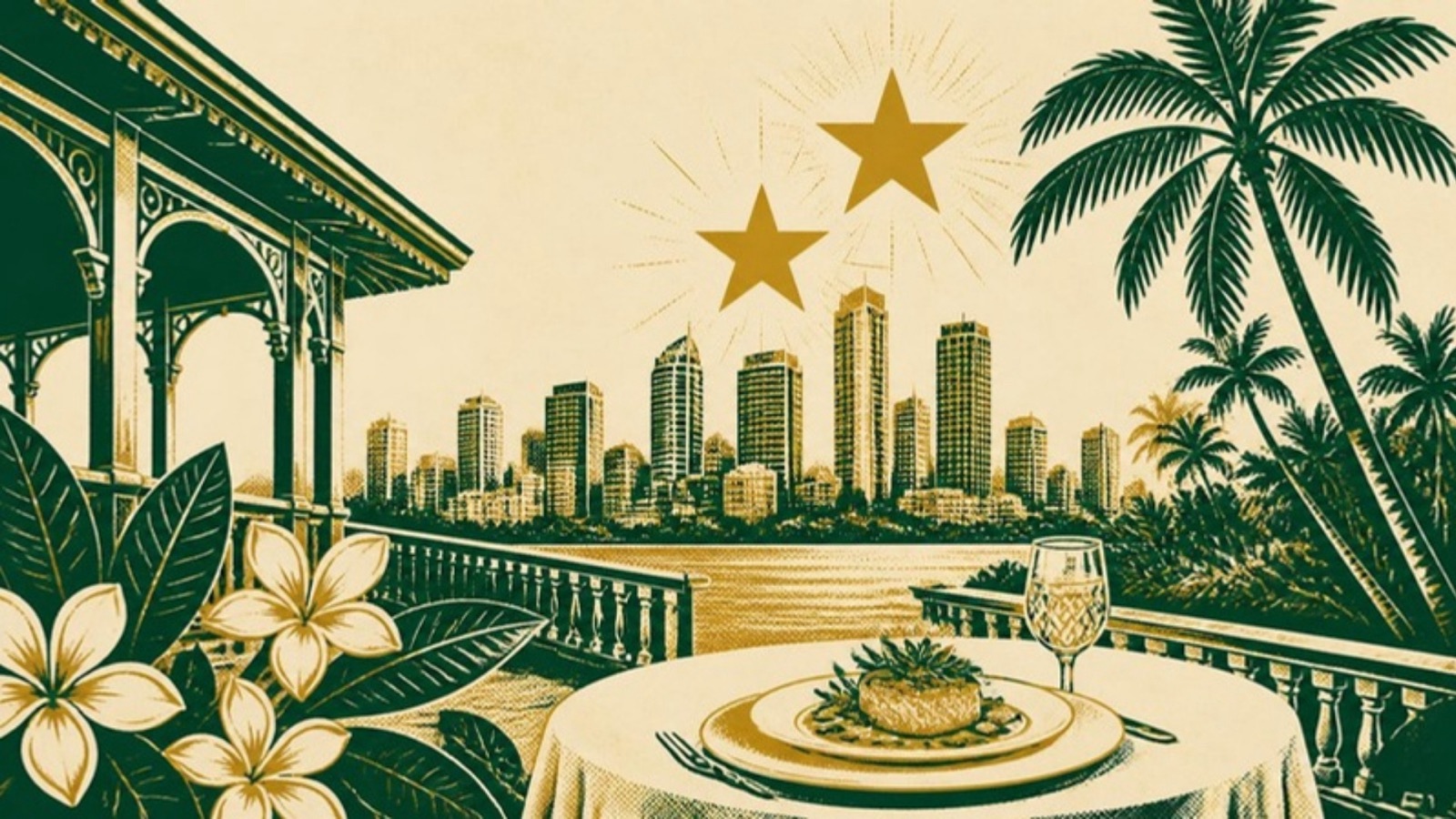 Linocut-style print of a tropical harbour skyline behind palm trees and frangipani, a veranda table with a fine-dining plate and two gold stars above.