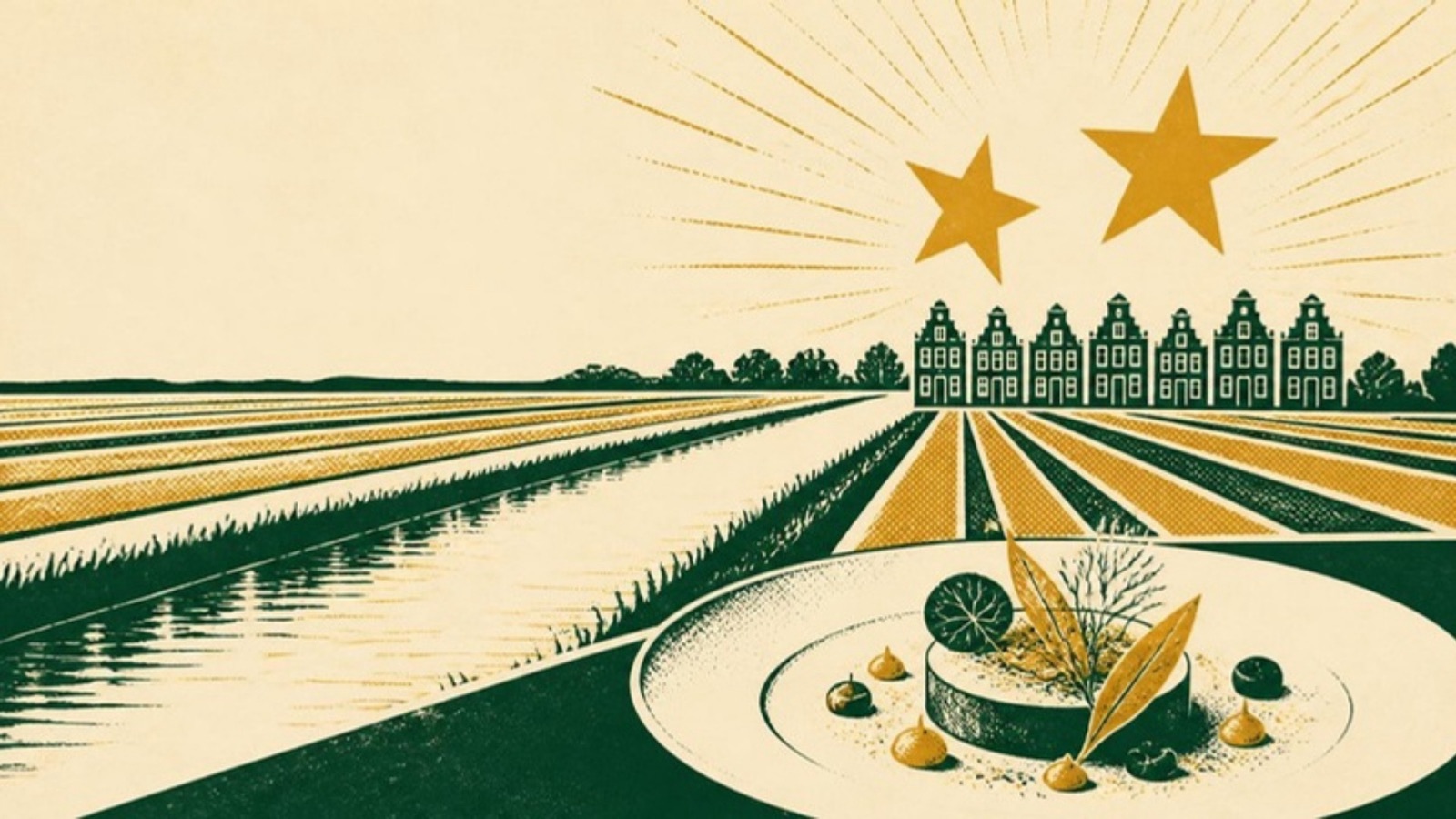 Linocut-style print of a Dutch polder with a straight canal, striped bulb fields and a row of gabled houses, a fine-dining plate in front and two gold stars above.