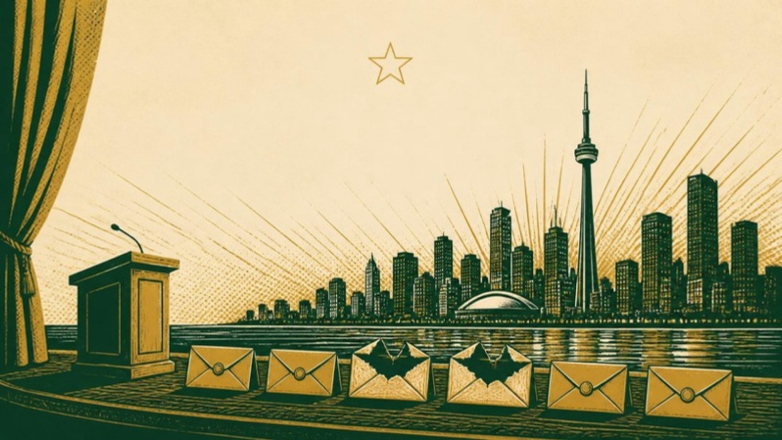 Linocut-style print of a lakeside city skyline behind a stage with a lectern and a row of sealed envelopes, two of them torn open, and one faint outlined star above.