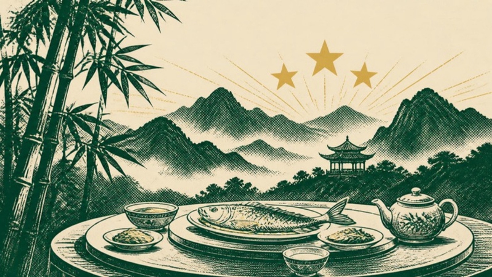 Linocut-style print of misty mountains and bamboo with a small pavilion, a round table with a steamed fish and a teapot in front and three gold stars above.