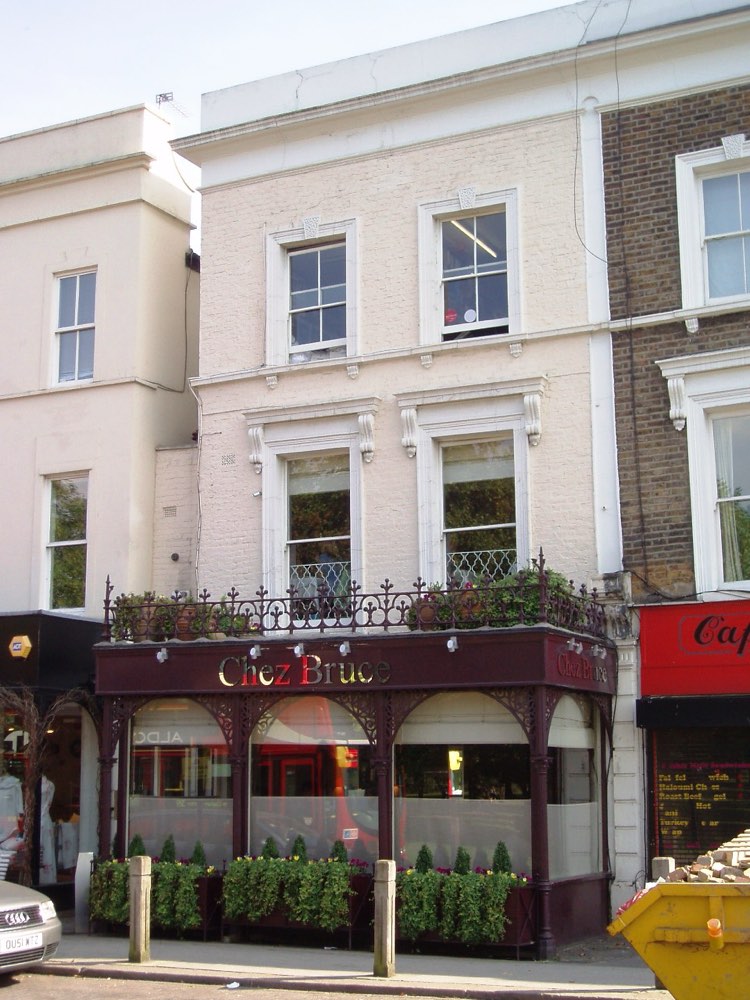 The front of Chez Bruce with its name on the awning, Wandsworth Common, London