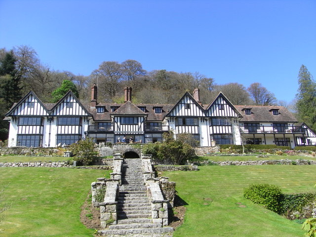 The timbered front of Gidleigh Park above its lawns near Chagford, Devon