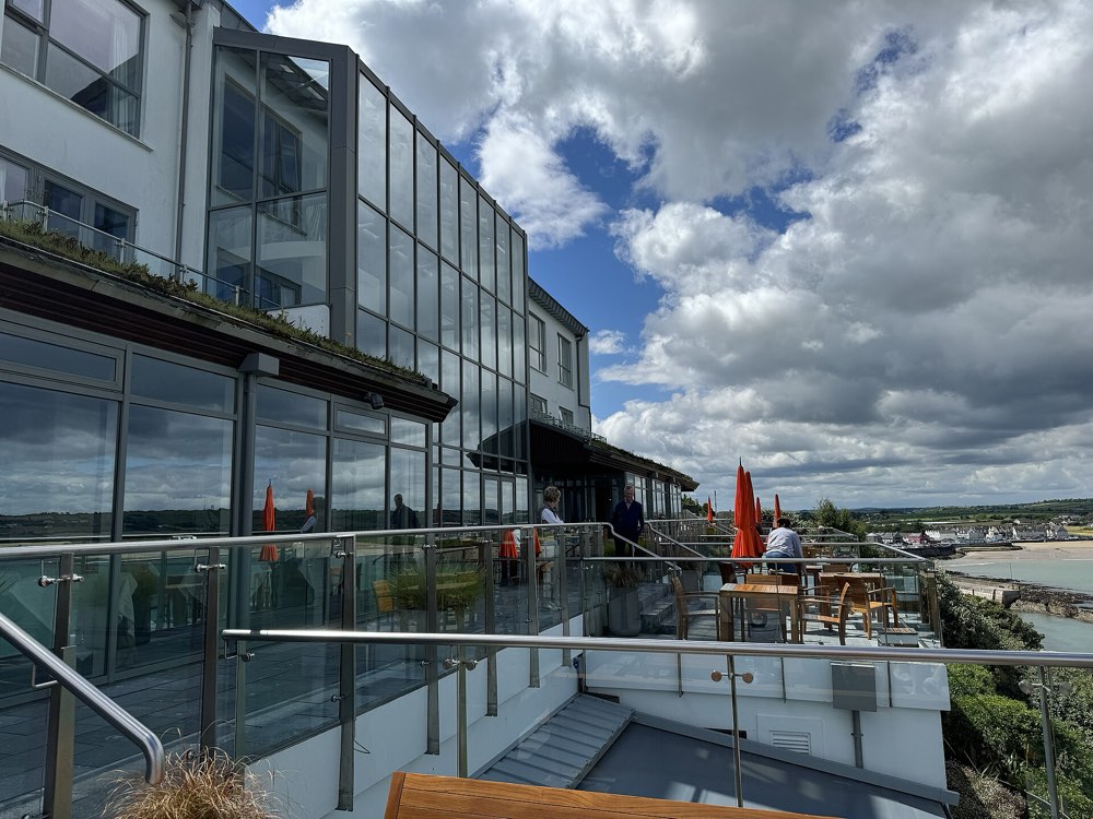 The sea-view balcony of House restaurant at the Cliff House Hotel, Ardmore