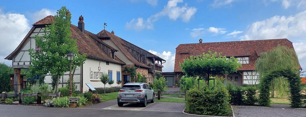 The timber-framed buildings of Restaurant La Merise in Laubach, Alsace