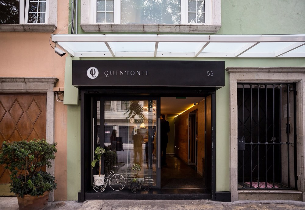 The front of Quintonil at Newton 55 in Polanco, Mexico City, with its name above the door