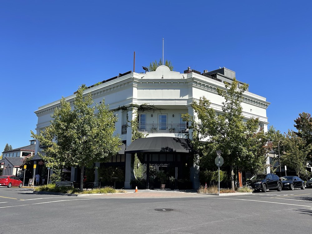 The white corner building of SingleThread in Healdsburg, California