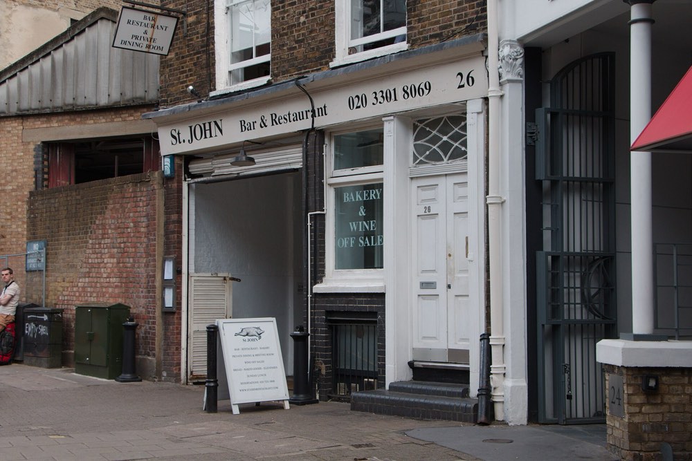 The St. JOHN Bar & Restaurant sign above its entrance on St John Street, Smithfield, London