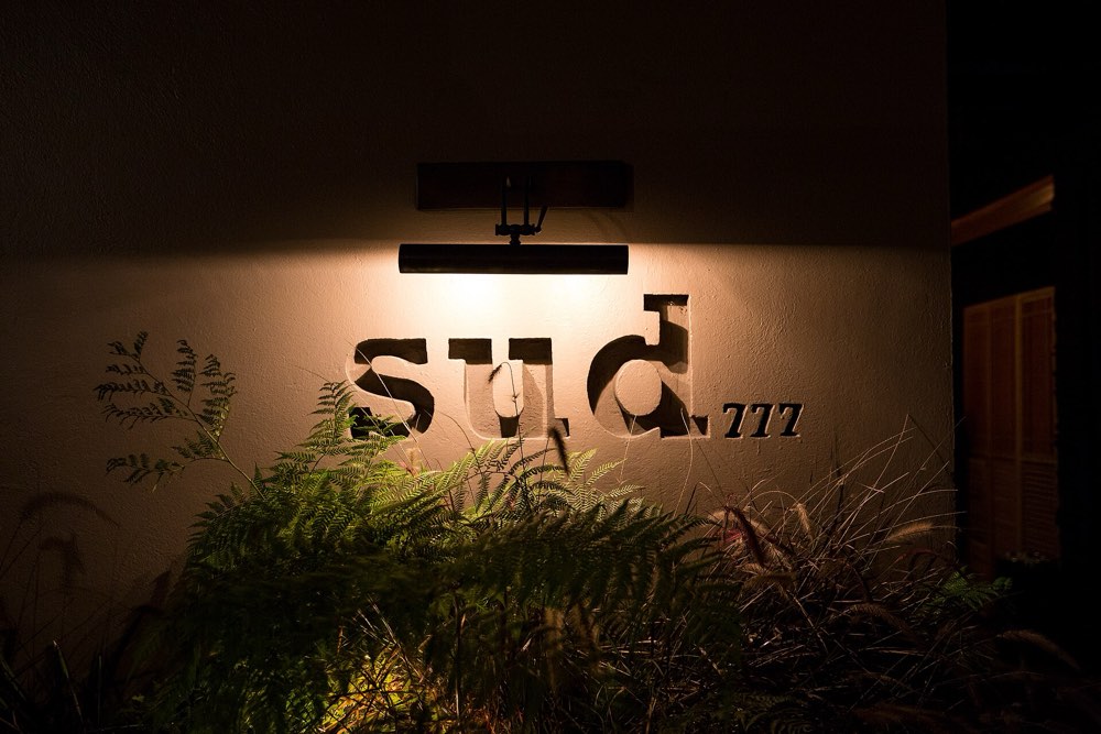 The lit Sud 777 lettering on a wall above ferns in Jardines del Pedregal, Mexico City