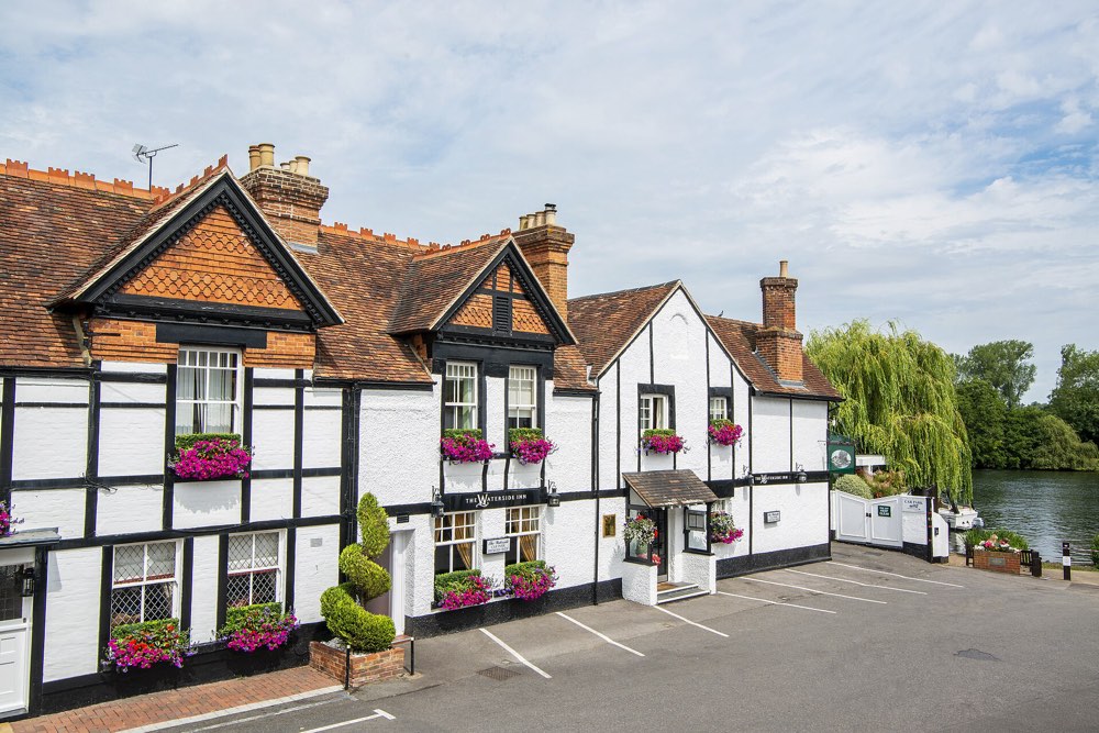 The black-and-white front of The Waterside Inn on Ferry Road, Bray